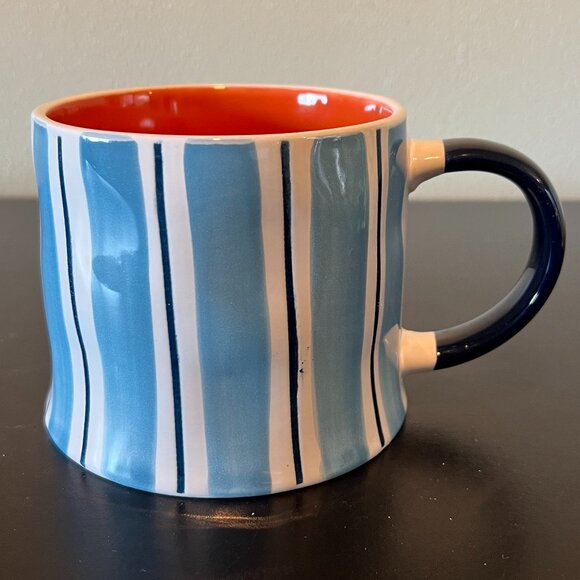 PRIMA DESIGN Oversized Wide-Mouth White & Blue Striped Mug with Orange Interior - Picture 5 of 10